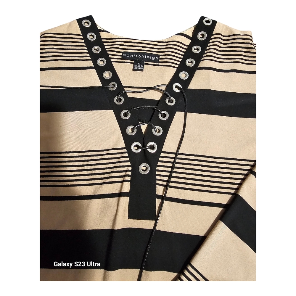 Madison Leigh Black and Tan Striped Long Sleeve Dress - Picture 3 of 7